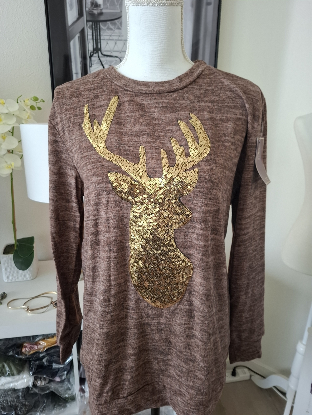 Sequin Stag Pullover Sweatshirt - Brown